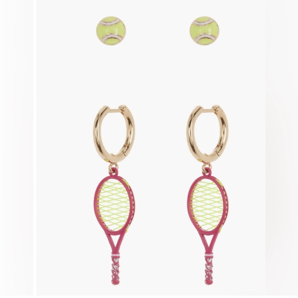 BaubleBar Tennis Earrings Set Ball Studs Racket Hoops New In Box - Picture 9 of 10